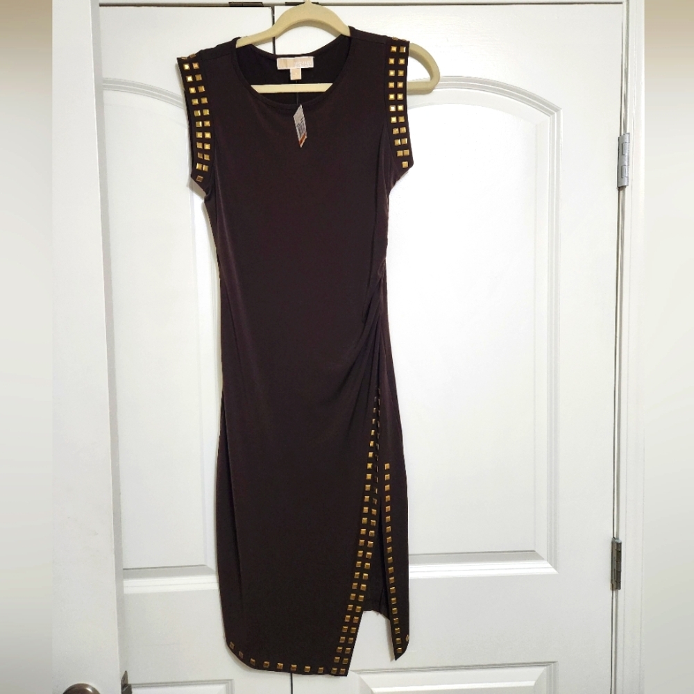 SOLD!!!   Michael Kors Brown Studded Matte Jersey  Dress  Size Small - Picture 9 of 9